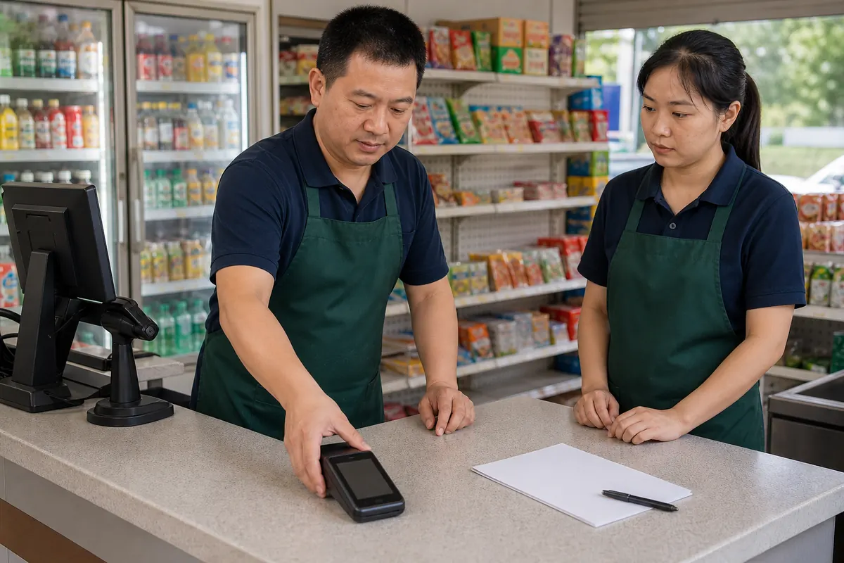 便利店员工调整POS机在收银柜台上的摆放位置
