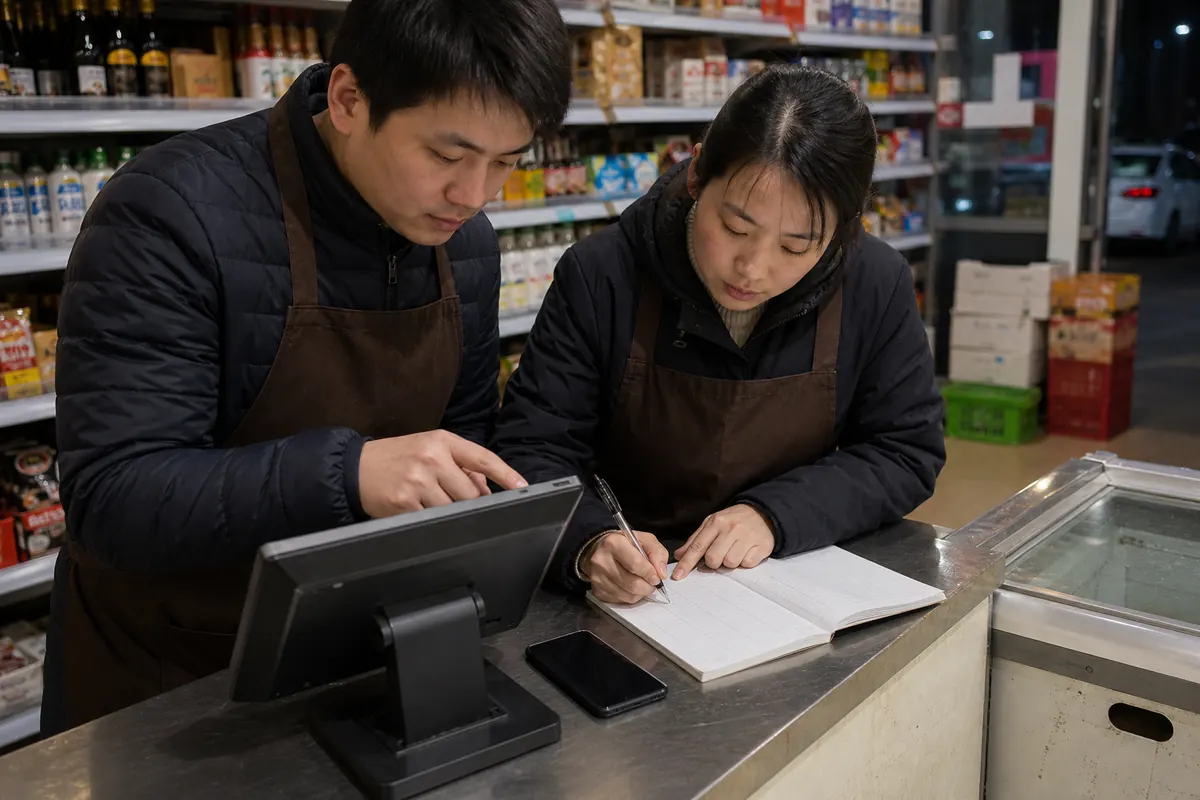 门店员工在交接班时核对POS交易记录