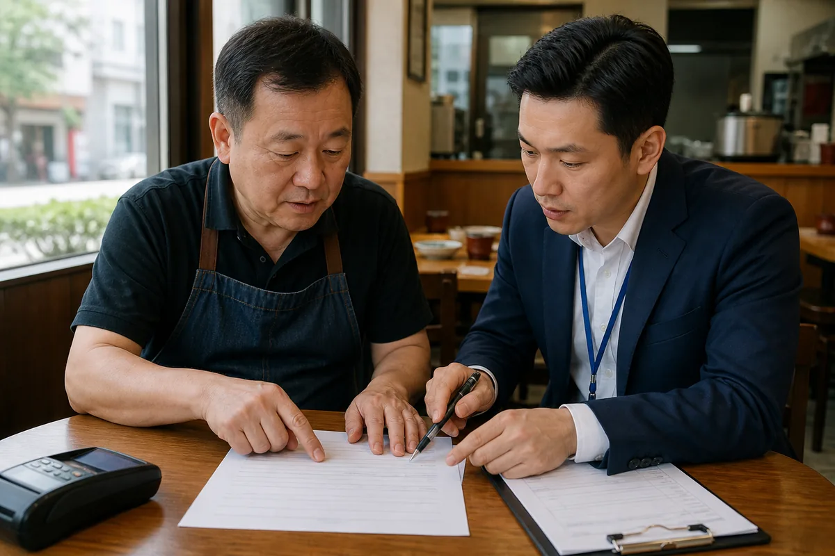 小店商户与服务人员核对支付服务协议和办理条款