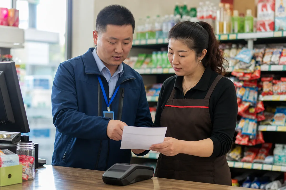 POS服务人员在门店与商户核对售后事项