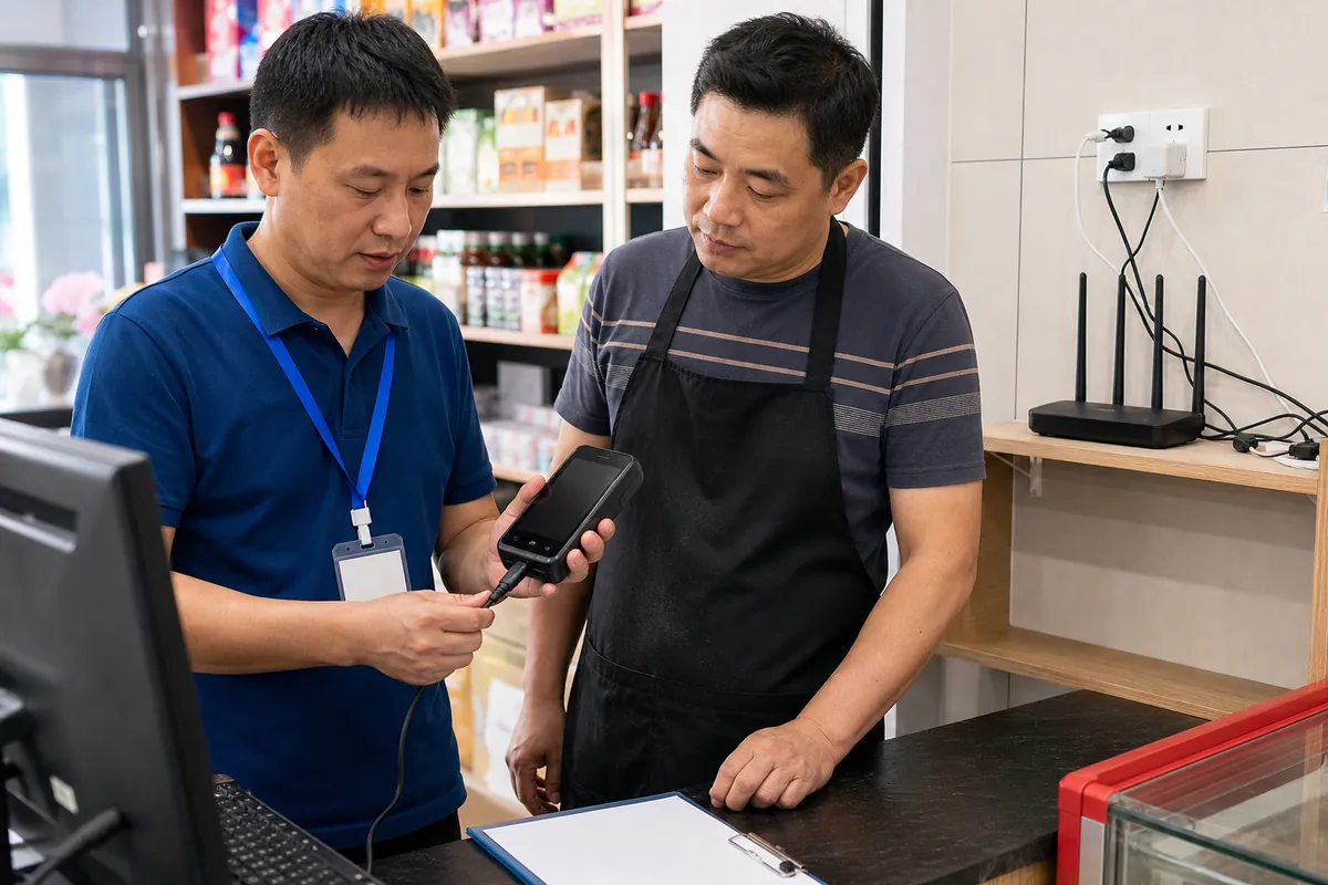 商户检查POS终端电量与门店网络环境